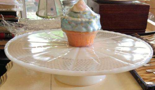 Milk Glass* CAKE stand pedestal base decorated Gold fleur de Lys