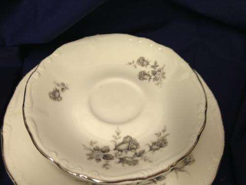 1cup+1saucer- HUGUENOT ROYALE  "BOUQUET" BONE CHINA -Pretty  WHITE BACK WITH  Silver Trim