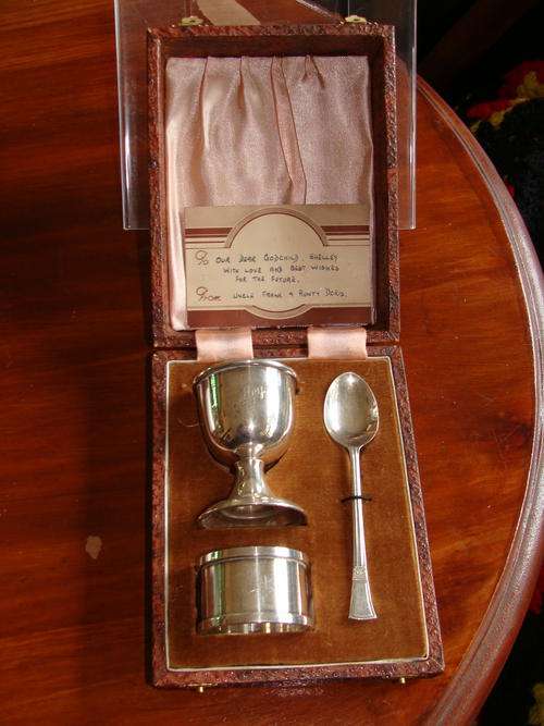 !!WOW!! SILVER PLATE ~CHRISTENING  BREAKFAST SET ~MONOGRAMED ~SHELLY~ IN SHAGREEN BOX STUNNING