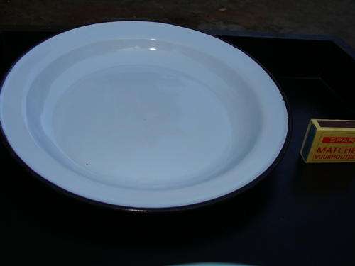 LOVELY BLUE ENAMEL PLATE WITH BLACK TRIM 255mm Diam.LATE ENTRY