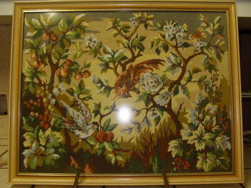 FRAMED BEHIND NON REFLECTIVE GLASS a BEAUTIFUL TAPESTRY DEPICTING BIRDS IN A ORCHID EATING FRUIT