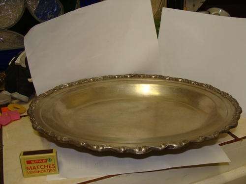 1SILVER PLATED TRAY WITH 4 FEET- DEEP CHUNKY ORNATELY RAISE DECORATED OUTER EDGE -