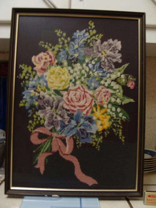 FRAMED BEHIND NON REFLECTIVE GLASS a BEAUTIFUL TAPESTRY THE BOUQUETwith provenance on back
