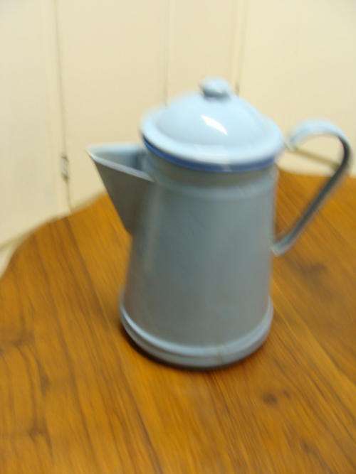R299,00 SHIPPING FREE!!!!!!ENAMEL COFEE POT POWDER BLUE WITH DARKER BLUE TRIM-VINTAGE