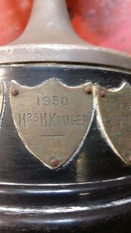 LARGE VINTAGE TROPHY WITH BADGES