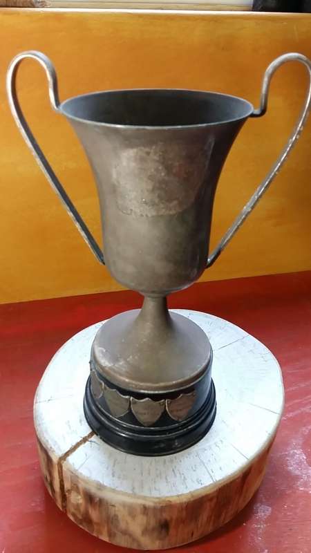 LARGE VINTAGE TROPHY WITH BADGES