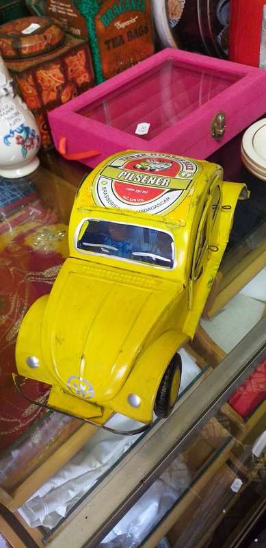 Yellow Heinekin VW Beetle Tin Car imported from Madagascar