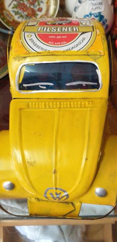 Yellow Heinekin VW Beetle Tin Car imported from Madagascar