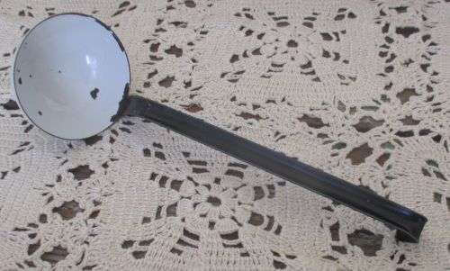 WHITE AND BLACK ENAMEL SOUP SPOON