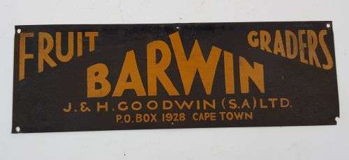 SMALL METAL SIGN,BARWIN FRUIT GRADER. 1928