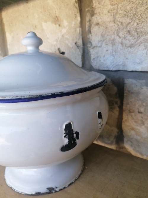 White enamel soup bowl with one handle