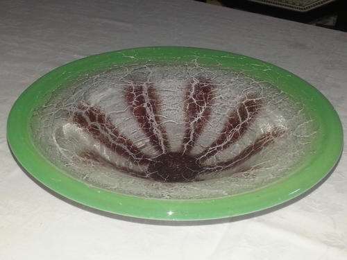Wmf Ikora Art Deco glass bowl lime green border with aubergine coloured internal banding and craquelure finish 