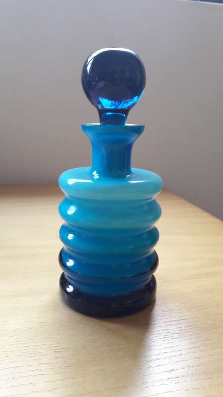 Midcentury Modern circa 1970's cased glass hand blown decanter in graduated shades of blue