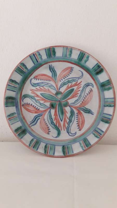Rare Linn Ware hand painted  ceramic platter with abstracted floral/botanical motif 1950