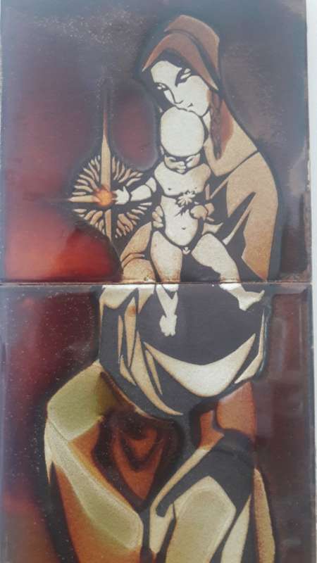 Liebermann Potteries circa 1970's ceramic tile mural with Christian  Nativity theme