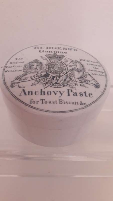 Antique  Branded advertising ware - Late 19th Century British  lidded jar for Burgess Anchovy paste