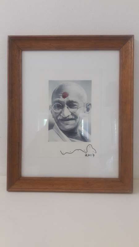 Wayne Barker highly rated contemporary SA artist Monoprint portrait of Gandhi 2017