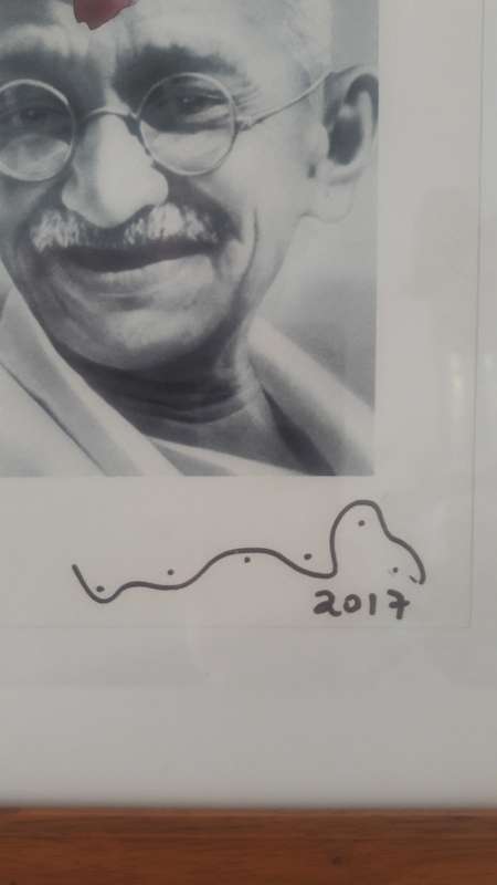 Wayne Barker highly rated contemporary SA artist Monoprint portrait of Gandhi 2017