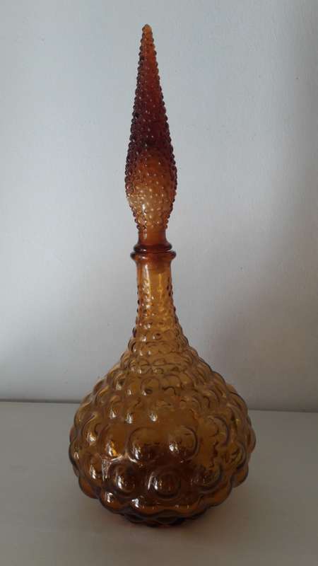 Collectible Midcentury Italian Empoli glass decanter or genie bottle in amber colourway