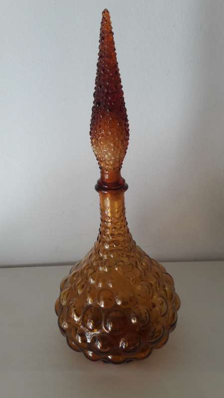 Collectible Midcentury Italian Empoli glass decanter or genie bottle in amber colourway