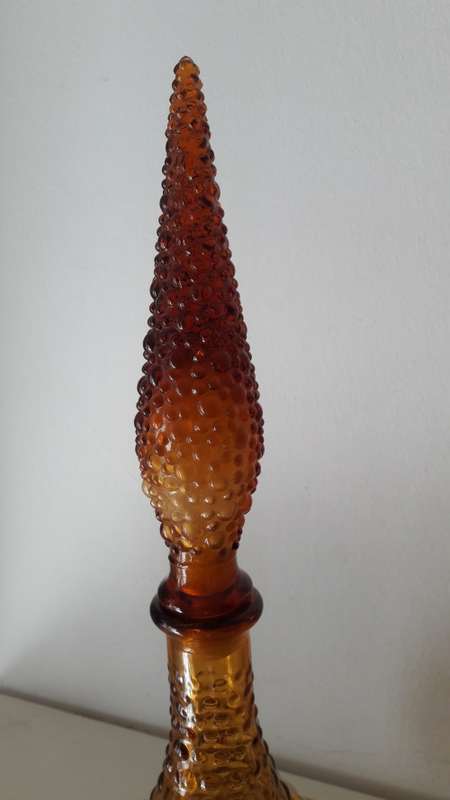 Collectible Midcentury Italian Empoli glass decanter or genie bottle in amber colourway