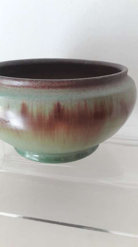Linn Ware studio ceramic bowl circa 1940`s mottled green glaze