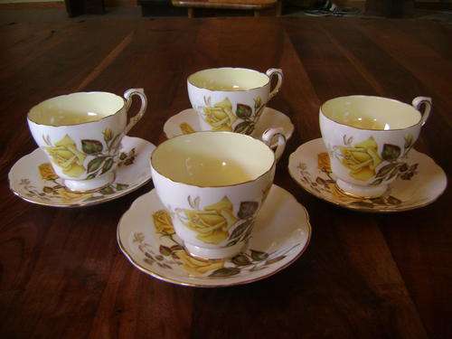 A  BEAUTIFUL Set of Four  Fine Bone China 'Paragon'  Tea Duos in Yellow Rose 'Sunset' design