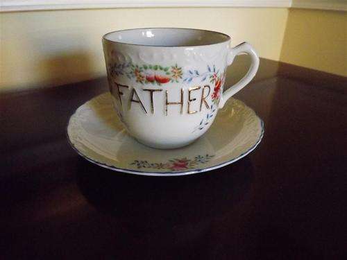 ANTIQUE  LARGE 'FATHER' CHINA HAND PAINTED CUP AND SAUCER -  MADE BY TUDOR