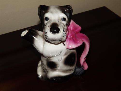 ANTIQUE  ERPHILA STYLED BLACK AND WHITE TERRIER WITH PINK BOW TEAPOT FROM 1940's ERA - PLEASE READ