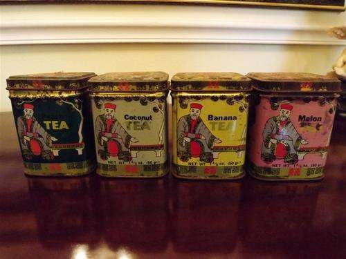 4 VINTAGE  KWONG SANG TEA COMPANY TEA TINS  STILL WITH LOOSE TEA PEACH, BANANA, COCONUT & MELON TEA