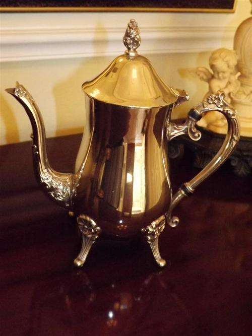 BEAUTIFUL SILVER PLATED  COFFEE POT WITH EMBOSSED TRIM - PERFECT TO COMPLETE YOUR SET