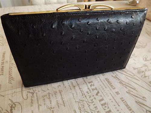 BEAUTIFUL GENUINE OSTRICH LEATHER  CLUTCH HANDBAG IN BLACK BY CORBEAU