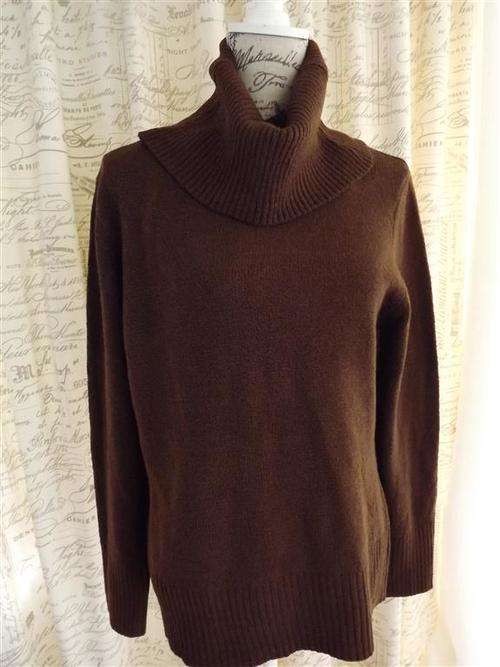 LADIES FOSCHINI BROWN POLO NECK JERSEY WITH LONG SLEEVES AND COWL NECKLINE . SIZE LARGE - L