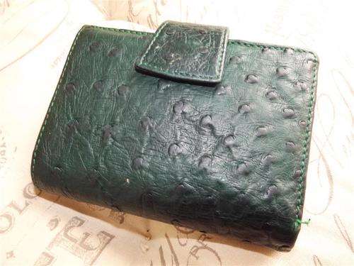 GENUINE  OSTRICH LEATHER GREEN COLOUR  PURSE/WALLET- DISCOLOURING ON THE INSIDE - SIZE 10cm X 12CM