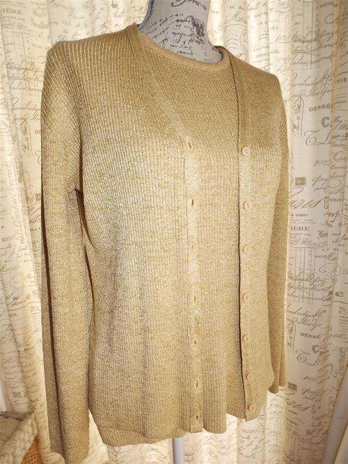 LADIES MERIEN HALL RIBBED KNITTED GOLD SHIMMER SLEEVELESS JERSEY & MATCHING LONG SLEEVE JERSEY-LARGE