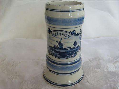 GENUINE HANDPAINTED DELFT BLUE HEINEKEN BEER MUG - ABOUT 81 YEARS OLD