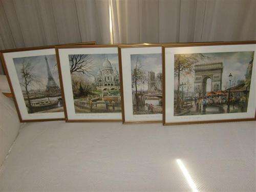 4 FRAMED BRUNET PARIS PRINTS IN NON - REFLECTIVE GLASS GOLD & BLACK FRAMES