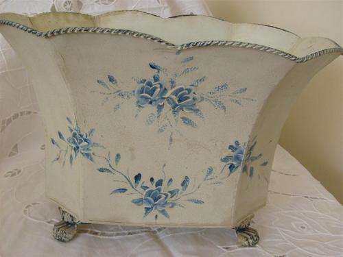 ANTIQUE LOOK METAL HOLDER/PLANTER ON FEET - WITH PAINTED BLUE FLOWERS