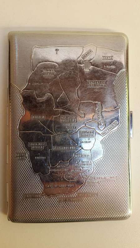 Vintage Collectable Silver Har Bro Cigarette Case with Old Map of Africa Engraved. Made in England.
