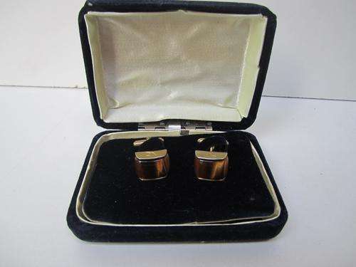 Exquisite & Elegant Set of Vintage SAA TIGEREYE CUFFLINKS in a gold metal frame! Incl. Original Box!