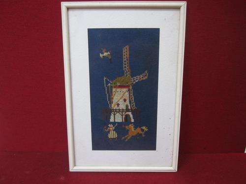Fine Art!!! Beautifully Hand-Stitched Dutch Windmill Tapestry in a lovely white frame!