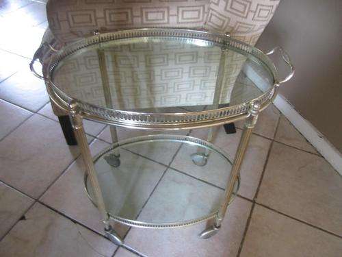 Art Deco Style Vintage French Oval Bar Trolley in Silver Gilt & Glass with Pierced Galleries!
