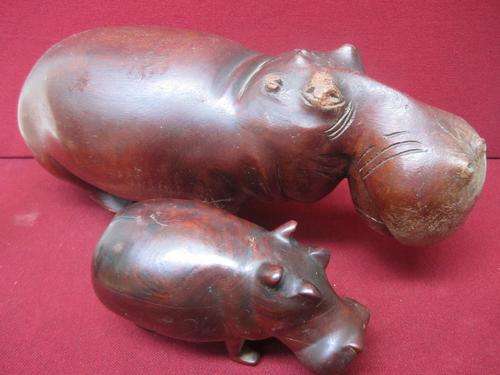 Two Endearing Hand Crafted Wooden Hippos! Just too precious!