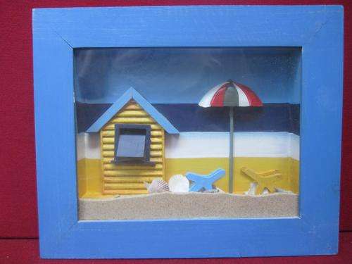 Lovely Framed Beach Scene with Real Sand & Shells and mini Umbrella & House!