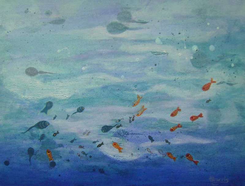 Tadpoles and Fish, acrylic on canvas board, 305 x 406 mm