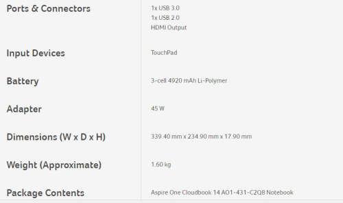 *AS NEW*ACER ASPIRE ONE "CLOUDBOOK"*32GB FLASH*2GB*14.1" HD*6TH GEN N3060*