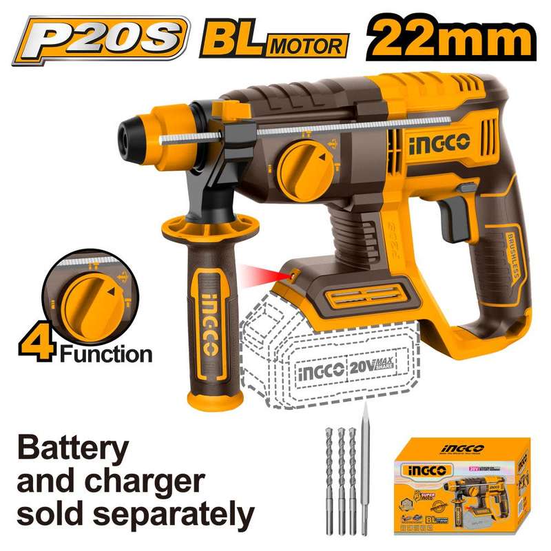 Ingco Cordless 20V Lithium-Ion Rotary Hammer Drill Brushless 2.0J CRHLI20208