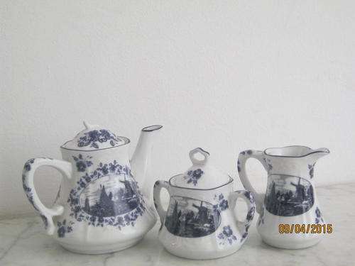 A gorgeous Delft Blaauw Blue and White Teapot, Milk Jug and Sugar Bowl