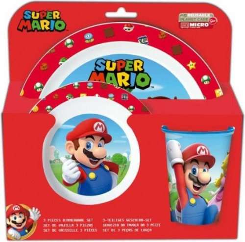 Euromic - Kids Lunch Set - Super Mario - 3pcs Micro Dinner Tableware Set Plate, Bowl & Cup, BPA