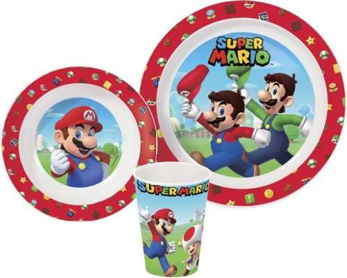 Euromic - Kids Lunch Set - Super Mario - 3pcs Micro Dinner Tableware Set Plate, Bowl & Cup, BPA